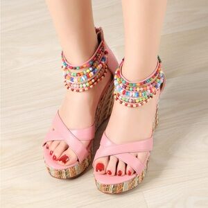 Chic Pink Beaded Wedge Sandals